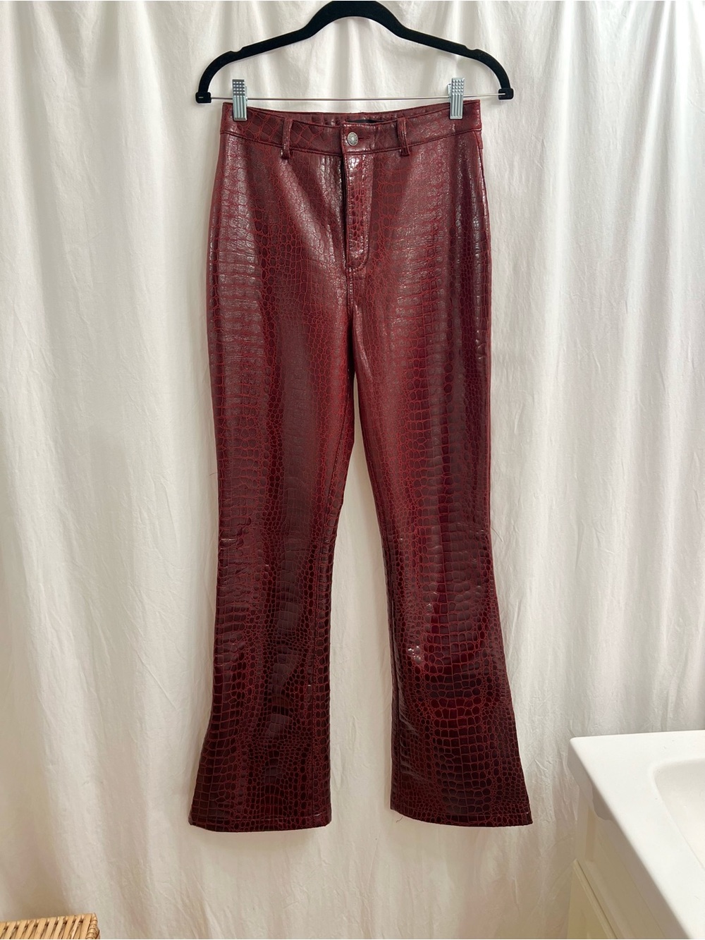Motel Rocks Burgundy Croc-Embossed Boot Cut Pants